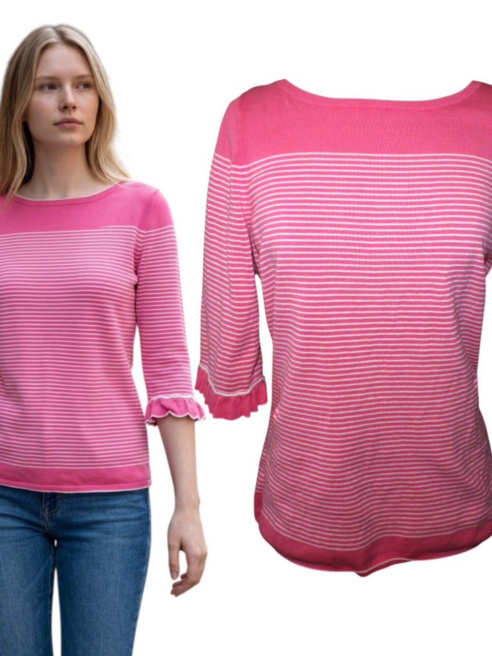 LILLY PULITZER Saratoga Pink Destination Stripe Cotton Sweater Ruffle Cuff XL